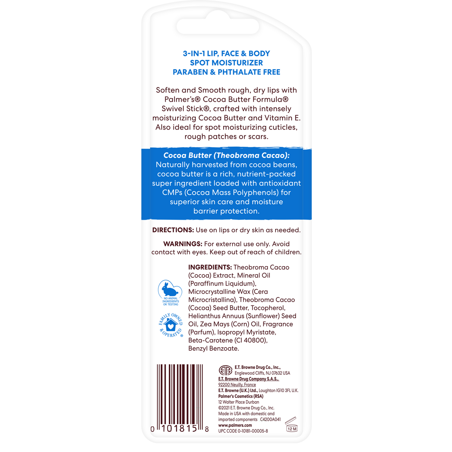 Palmer’s 3-in-1 Cocoa Butter Swivel Stick packaging details.