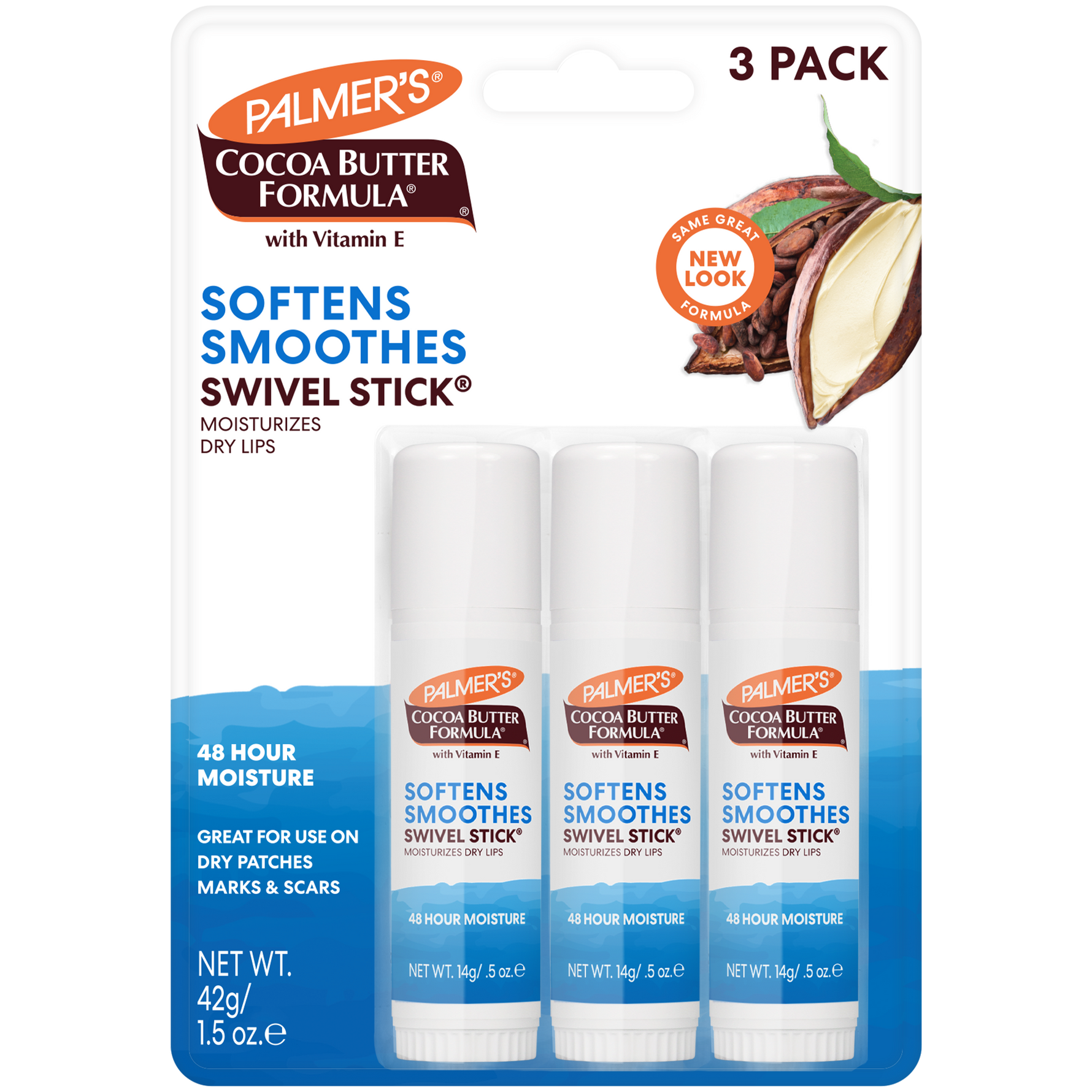 Palmer’s Swivel Stick 3-pack, moisturizes lips and dry patches.