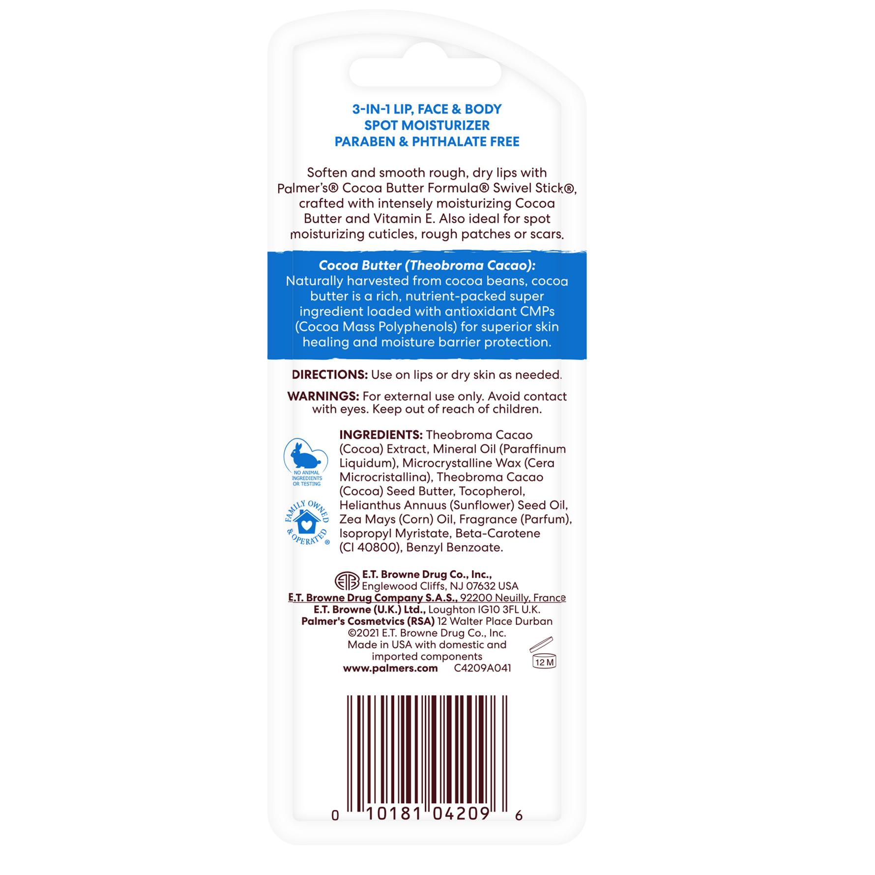 Palmer’s® Swivel Stick back panel detailing ingredients and usage instructions.