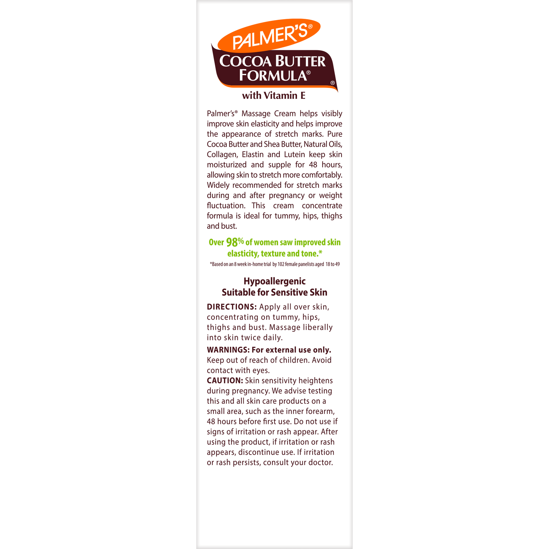 Cocoa Butter Massage Cream for Stretch Marks label detailing benefits and usage.