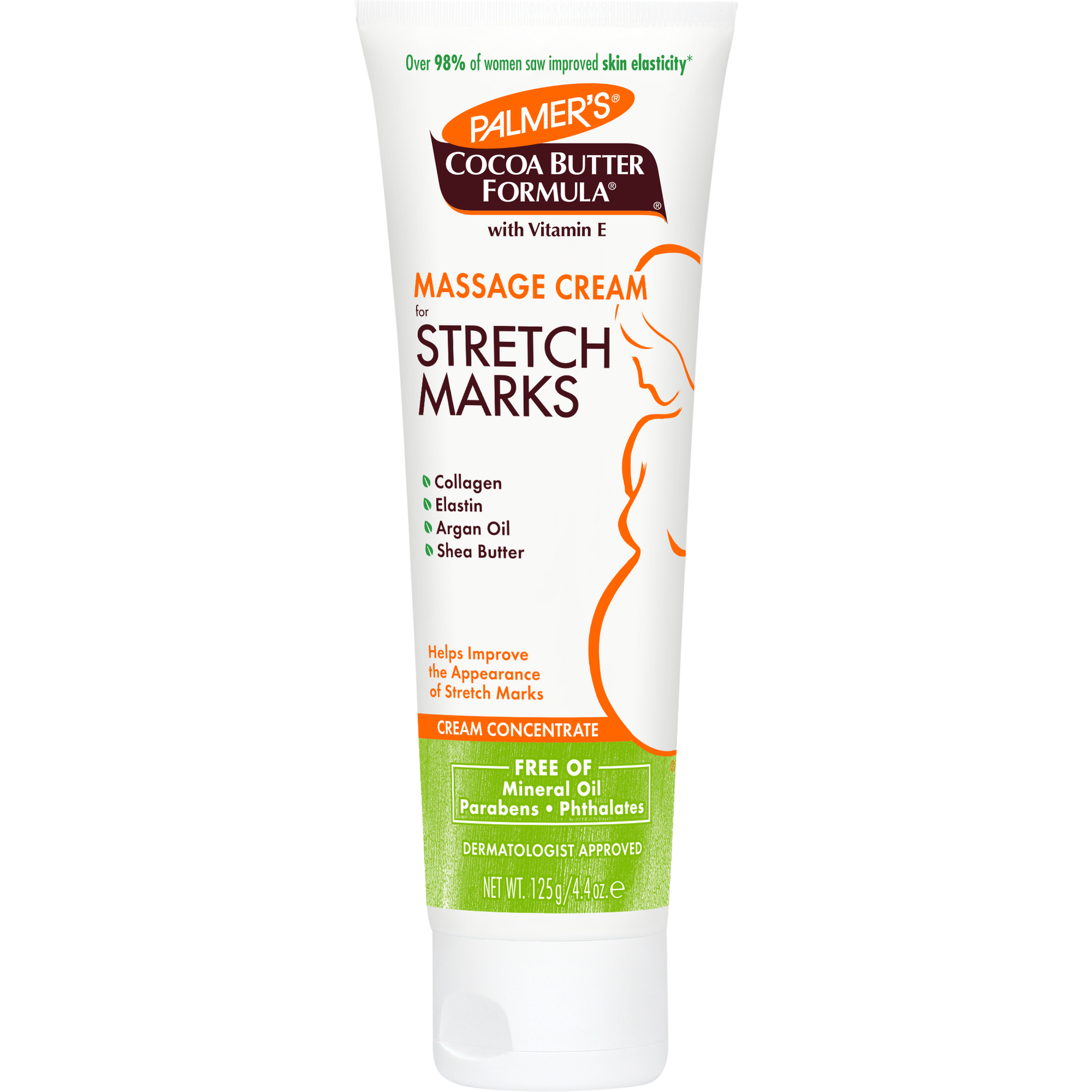 Cocoa Butter Massage Cream for Stretch Marks tube with key ingredients.
