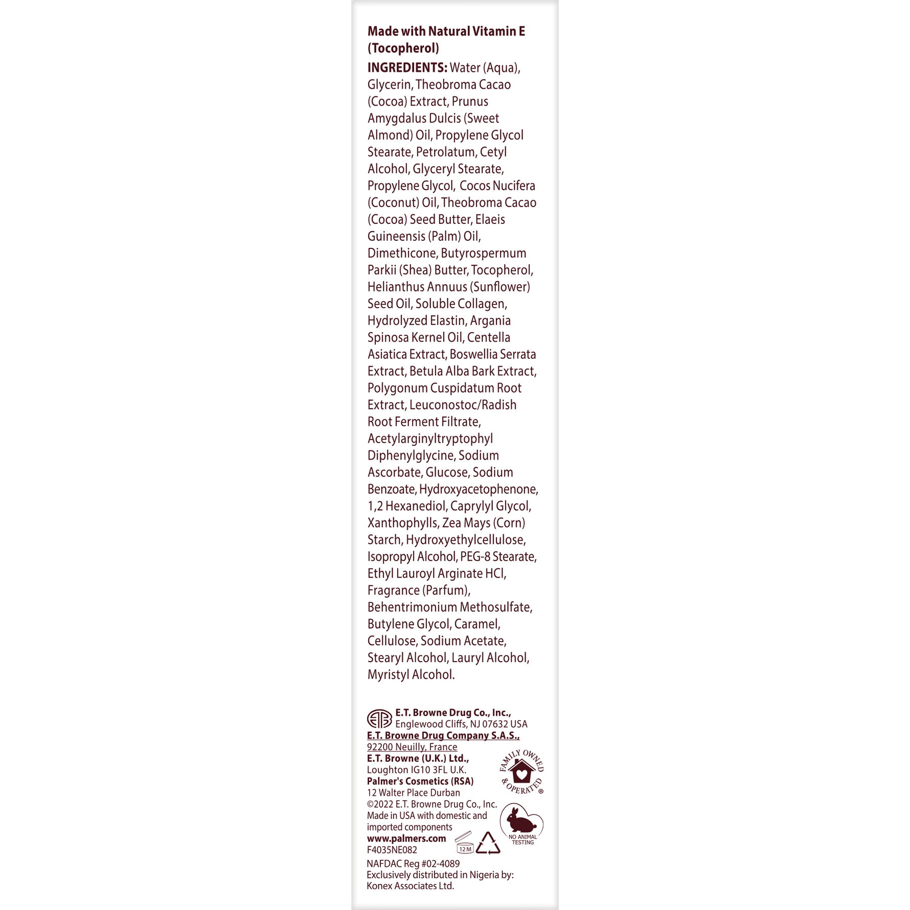 Cocoa Butter Massage Cream label detailing ingredients and manufacturer.