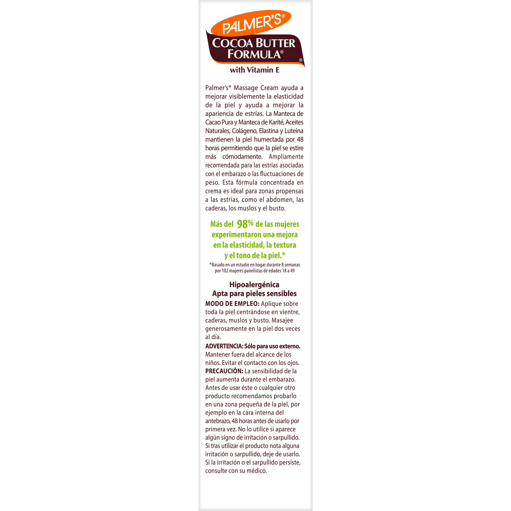Cocoa Butter Massage Cream for Stretch Marks label in Spanish.