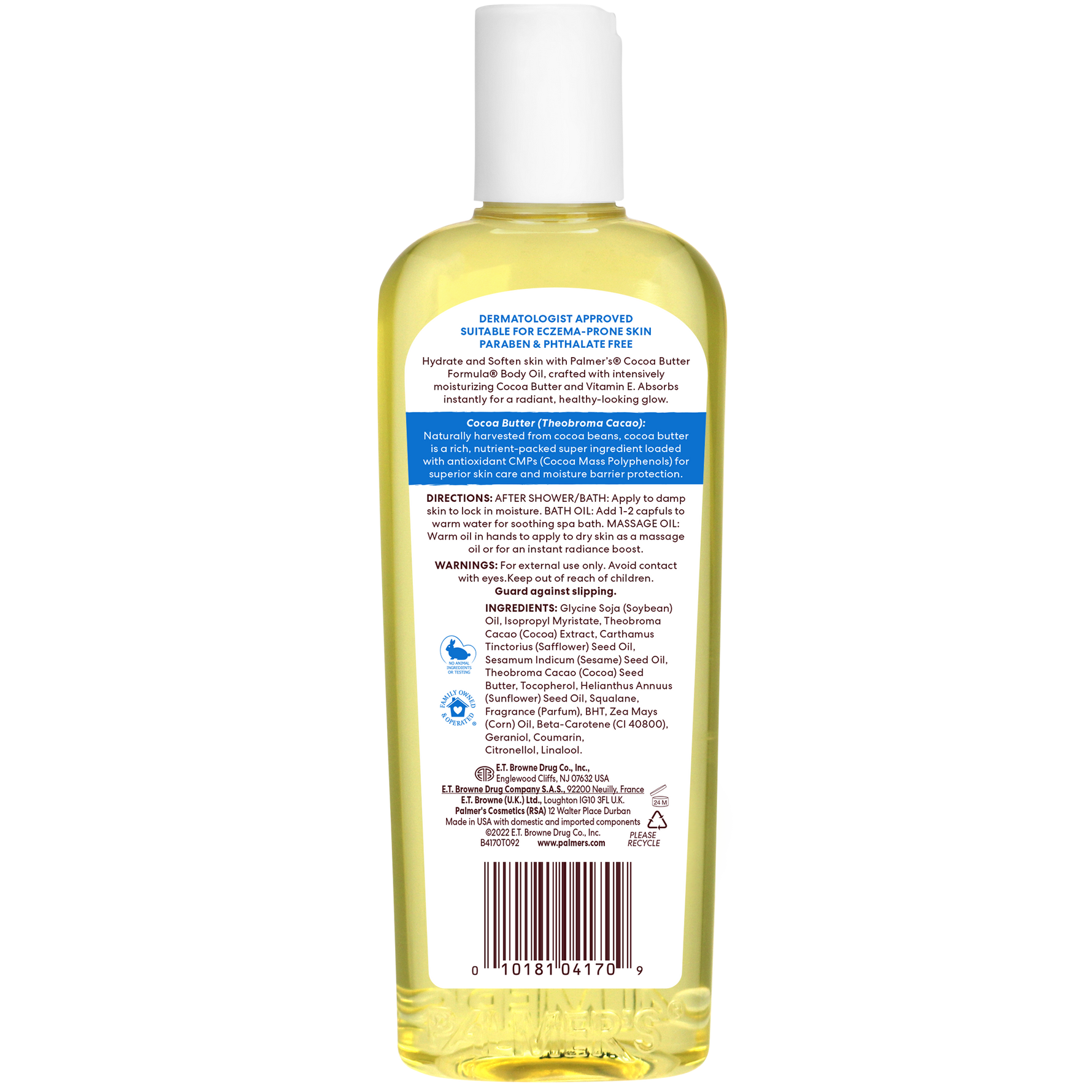 Moisturizing Body Oil by Palmer's, dermatologist-approved, label details visible.