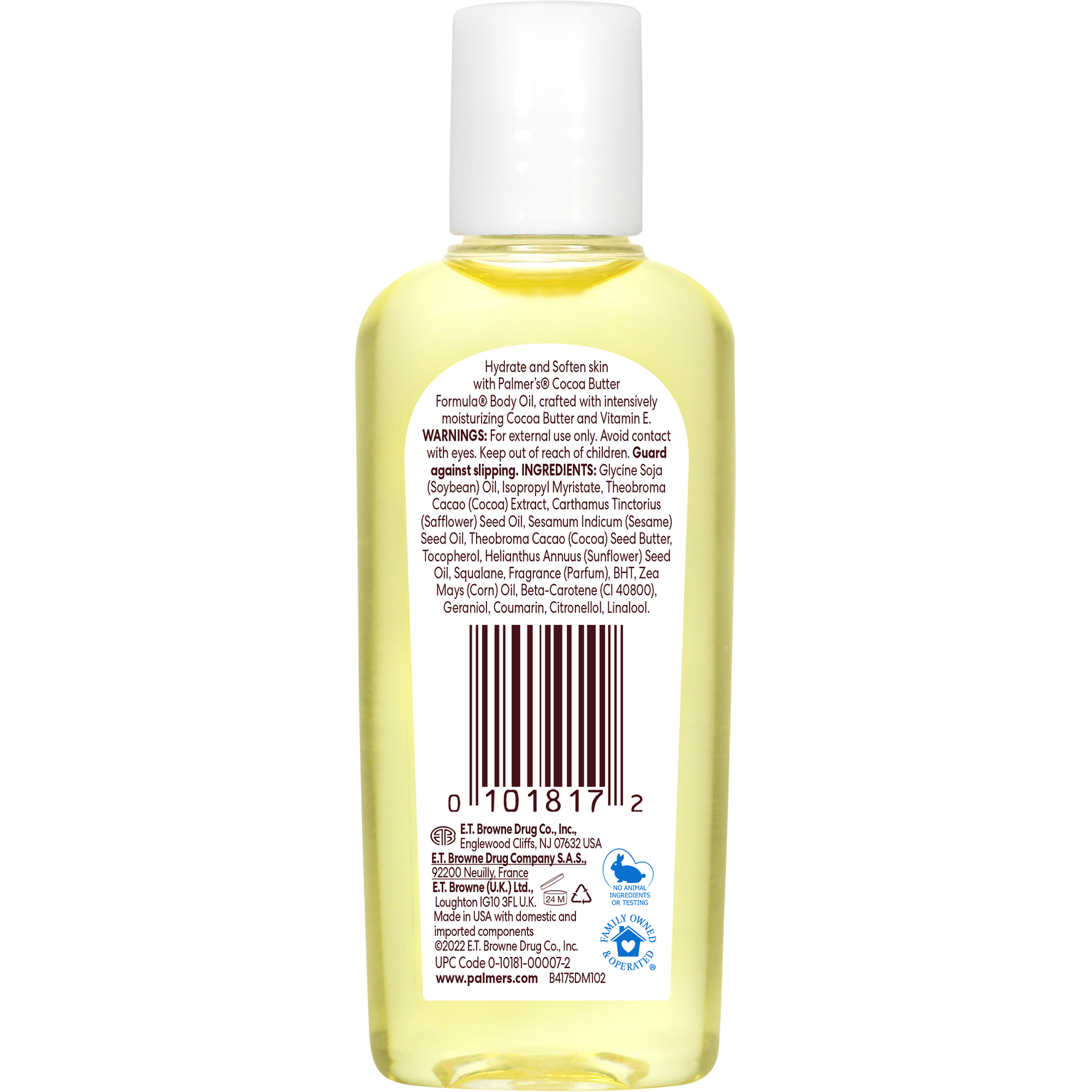Moisturizing Body Oil back label with ingredients and usage notes.