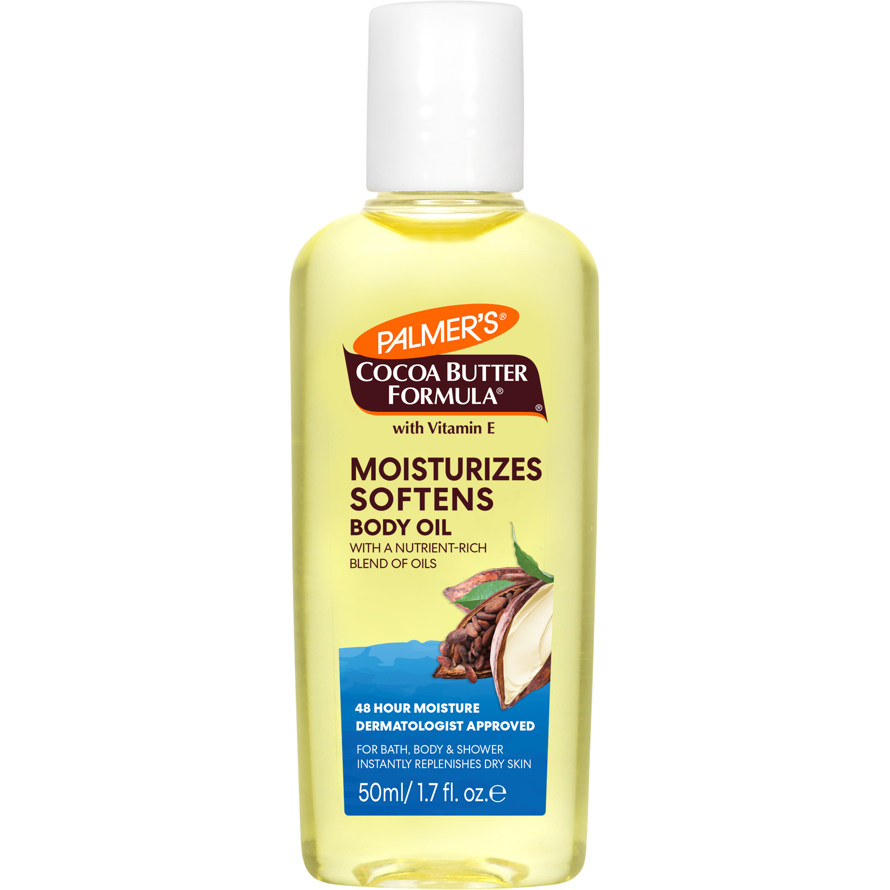 Moisturizing Body Oil bottle with Cocoa Butter and Vitamin E.
