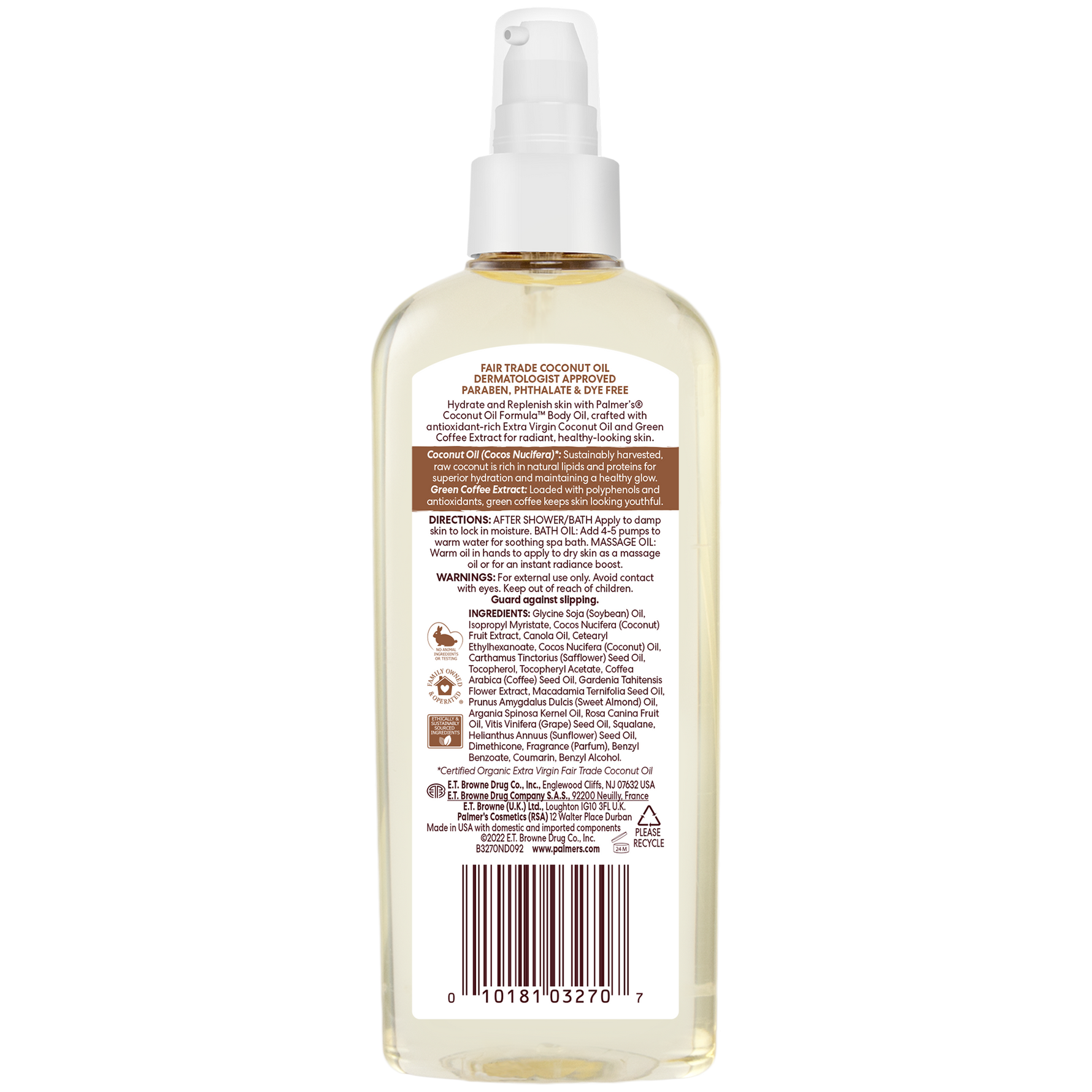 Back of Coconut Hydrate Body Oil bottle, highlighting fair trade coconut oil.