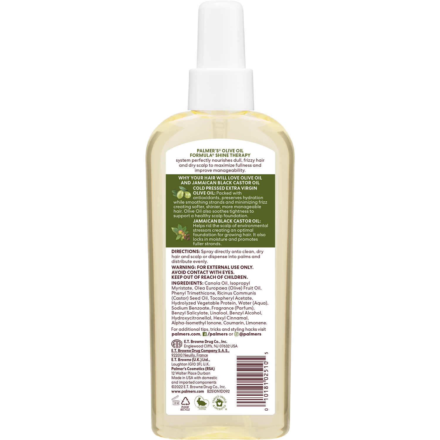 Palmer’s Olive Oil Hair & Scalp Oil back label detailing ingredients.