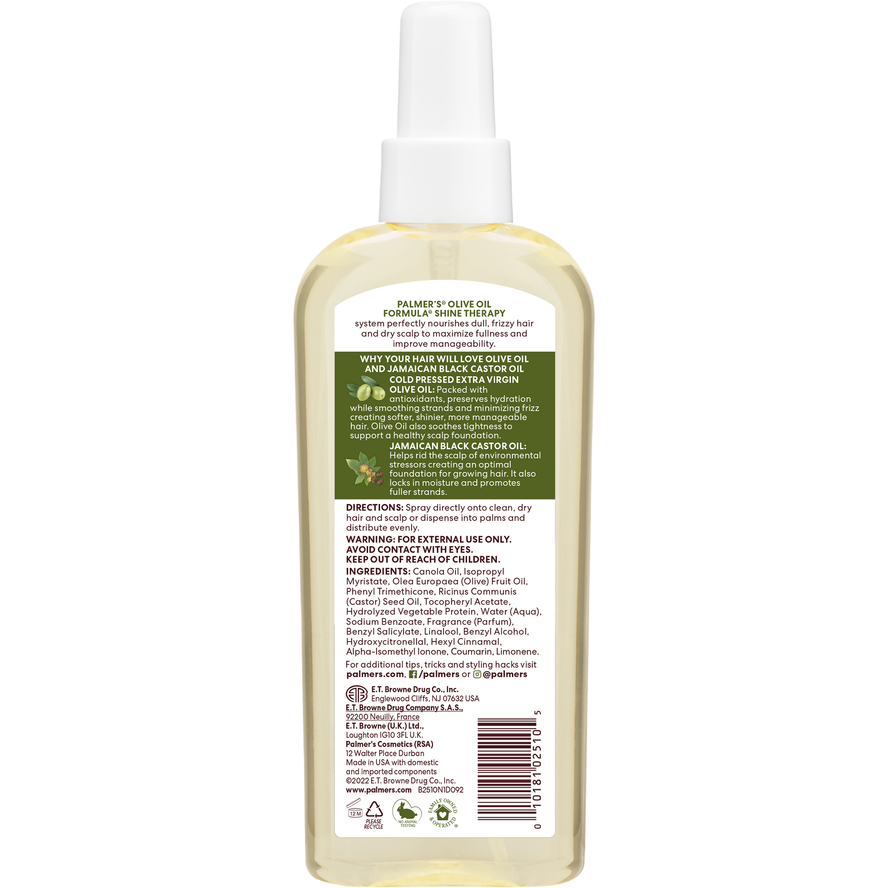 Palmer’s Olive Oil Hair & Scalp Oil back label detailing ingredients.
