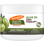 Palmer's Olive Oil Gro Therapy jar with shine treatment details.