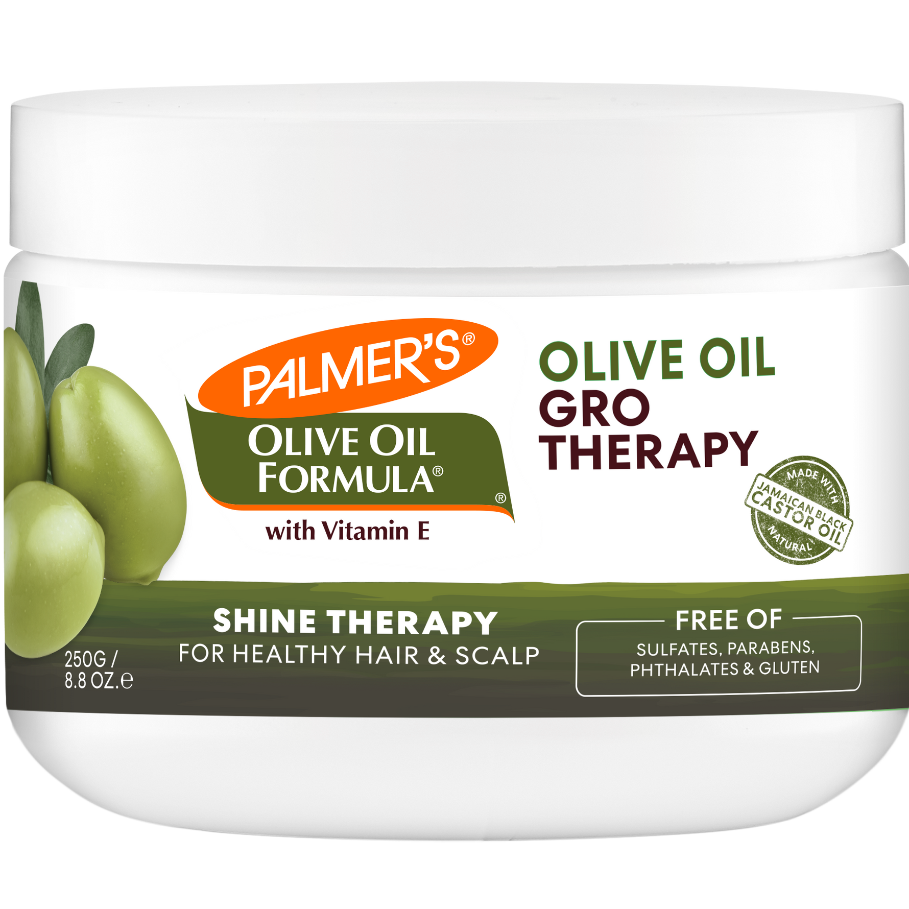 Palmer's Olive Oil Gro Therapy jar with shine treatment details.