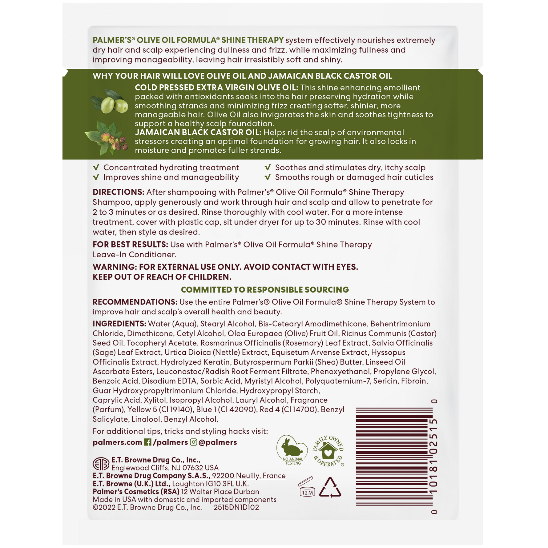 Palmer's Olive Oil Deep Conditioner label with product details and usage instructions.