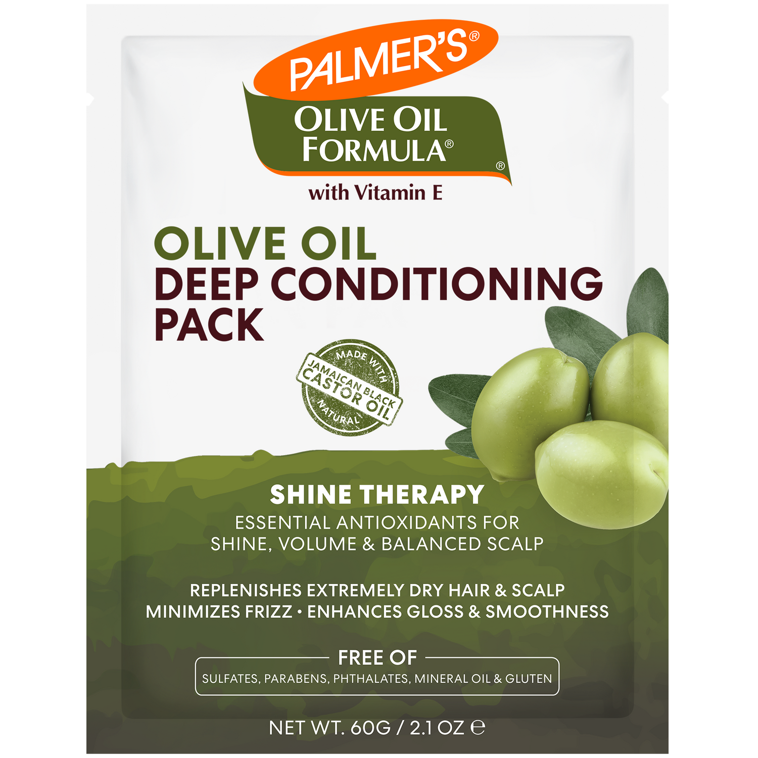 Palmer’s Olive Oil Deep Conditioner sachet with olive illustration.