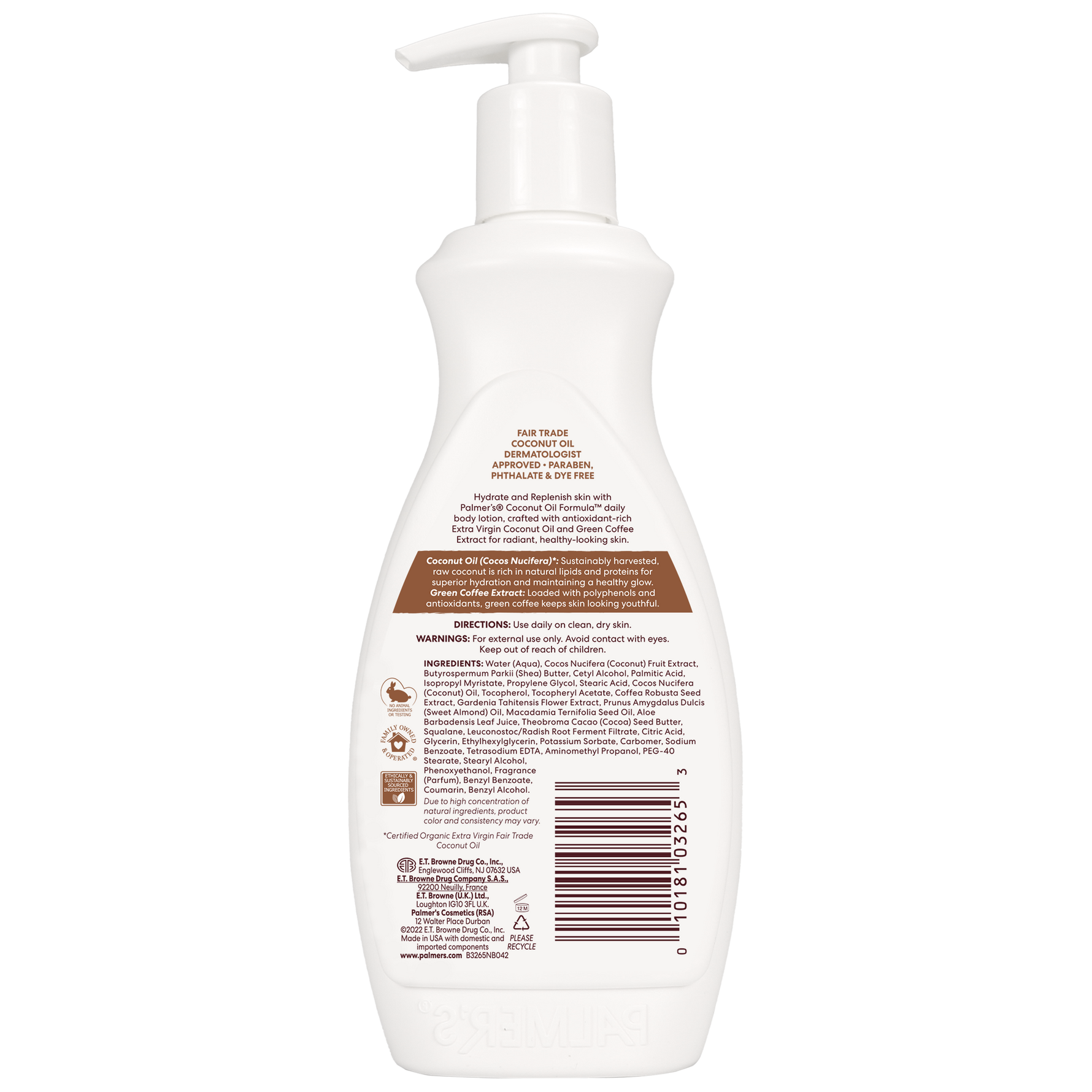 Coconut Hydrate Body Lotion, fair-trade coconut oil, dermatologist approved.