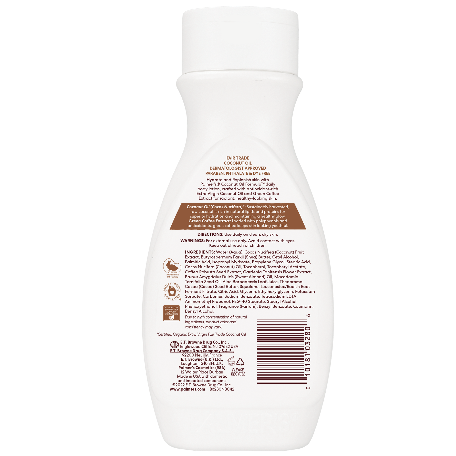 Back of Coconut Hydrate Body Lotion bottle with claims and ingredients.