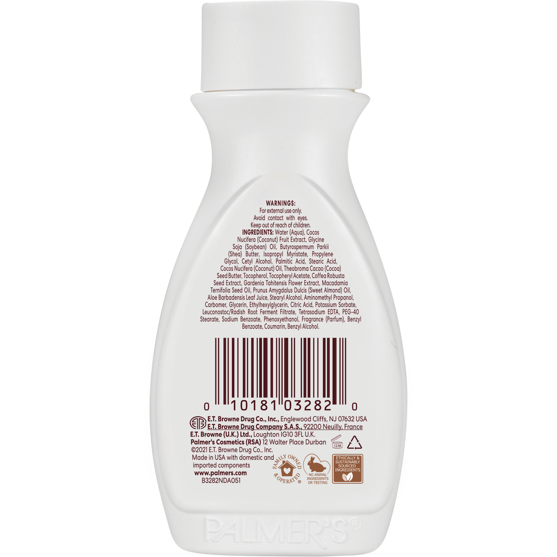 Palmer's Coconut Hydrate Body Lotion back label with ingredients and usage details.