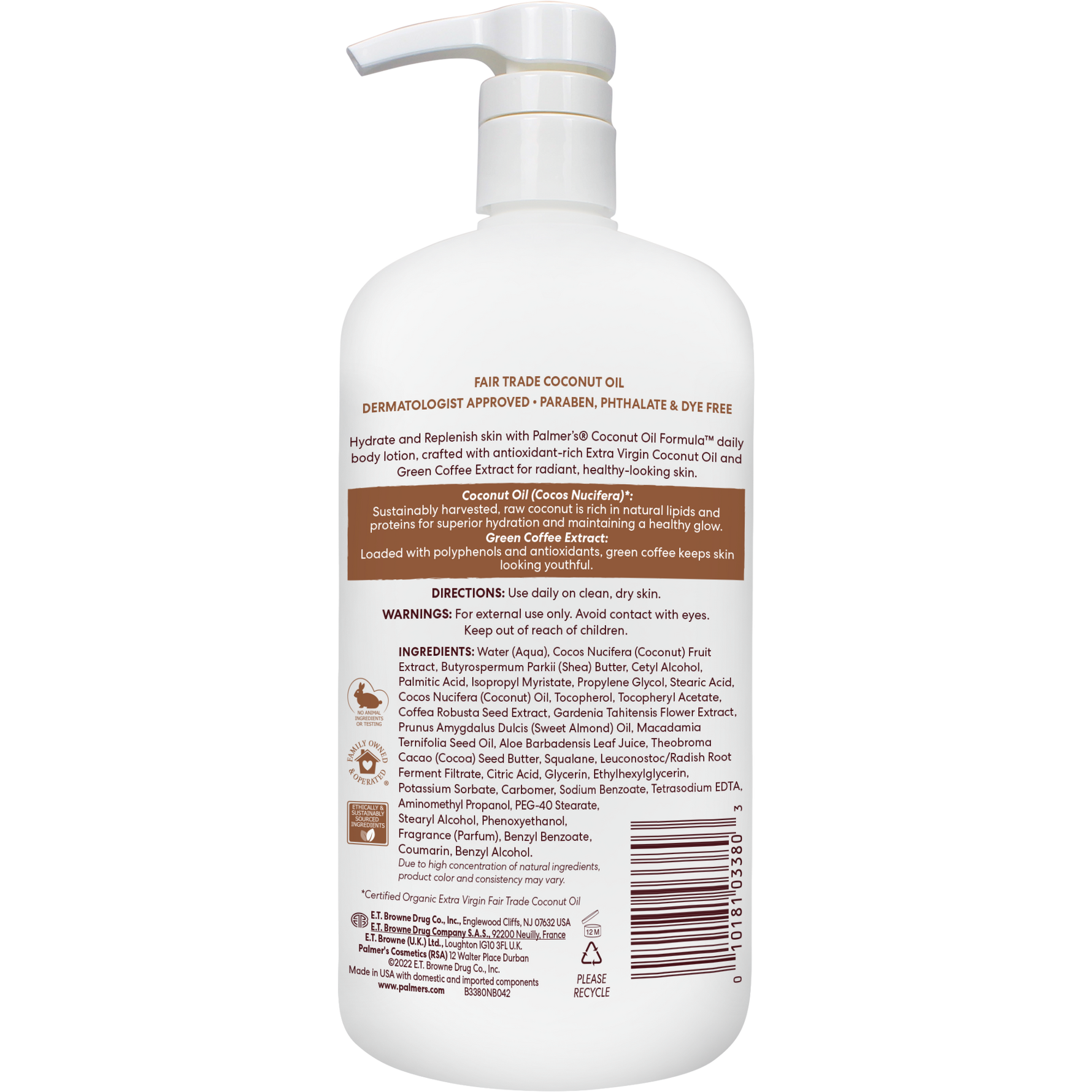 Palmer's Coconut Hydrate Body Lotion back label with usage details.