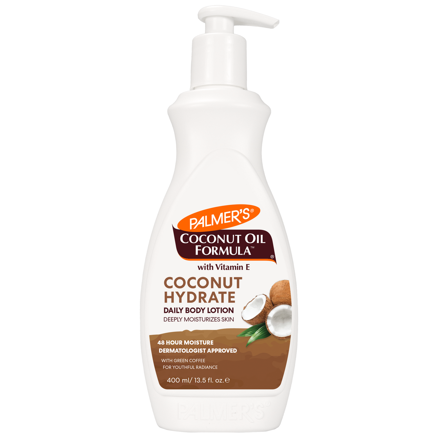 Palmer's Coconut Hydrate Body Lotion, 400 mL pump bottle, dermatologist-approved.
