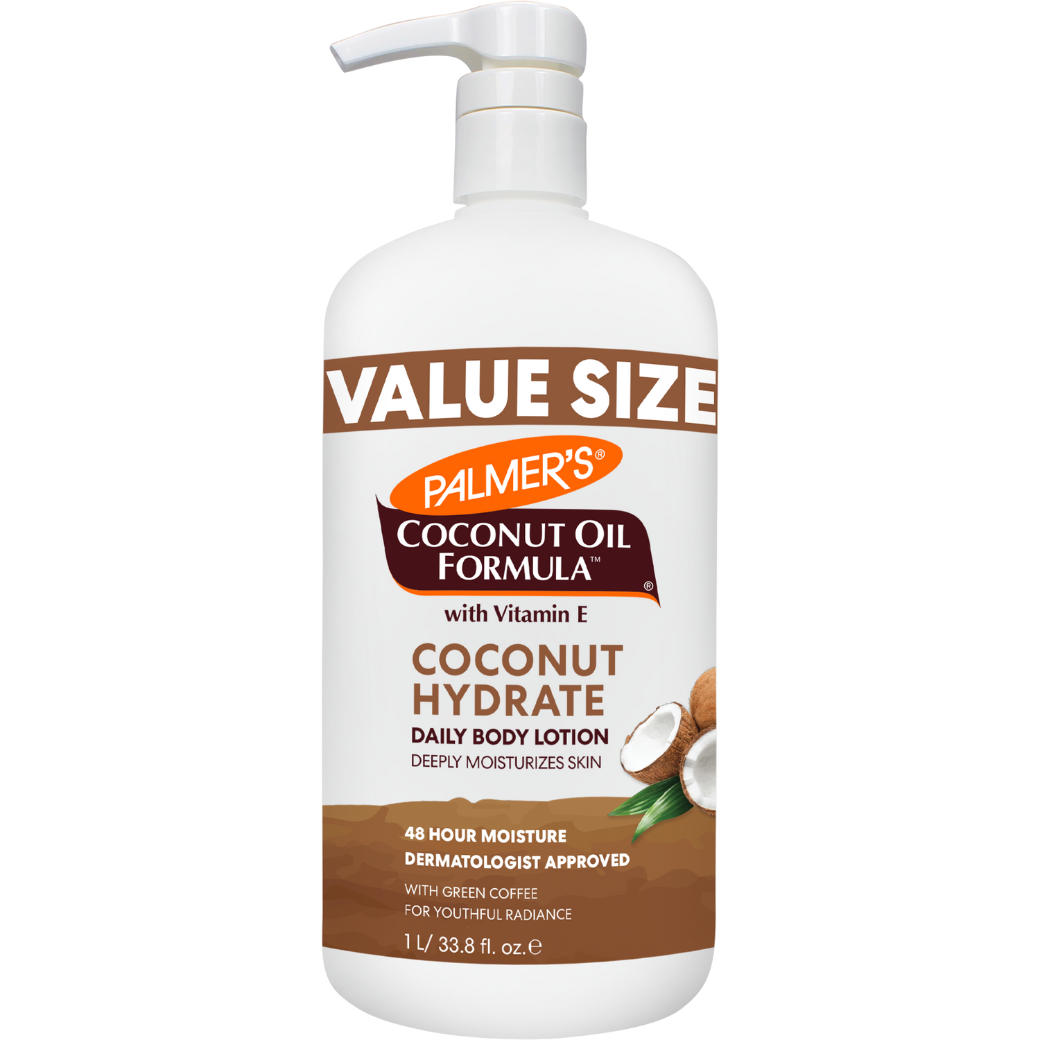 Coconut Hydrate Body Lotion, 1L pump bottle, 48-hour moisture, dermatologist approved.