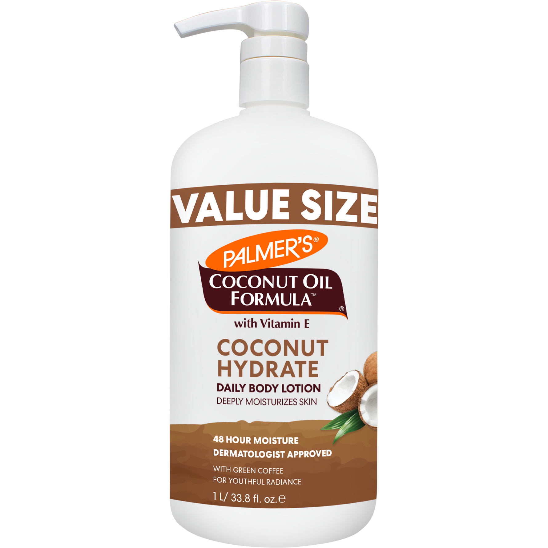 Coconut Hydrate Body Lotion, 1L pump bottle, 48-hour moisture, dermatologist approved.
