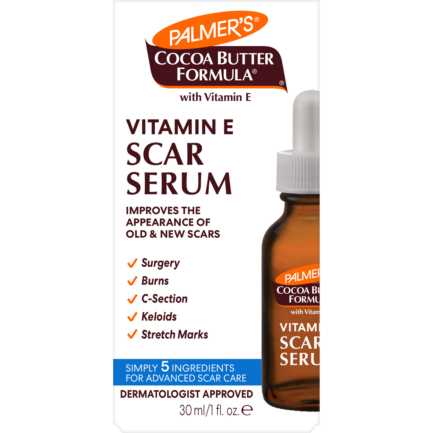 Palmer’s Scar Serum box with claims and visible dropper bottle.