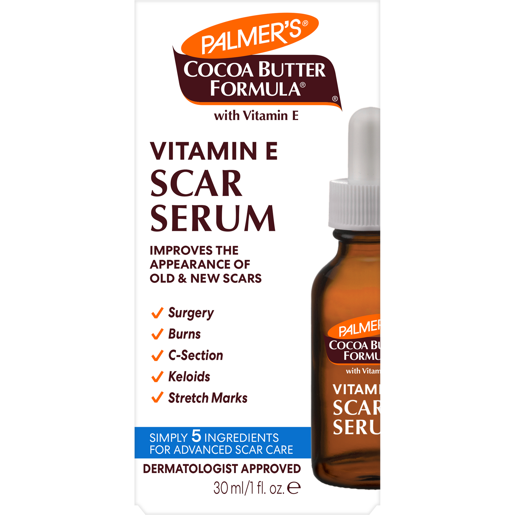 Palmer’s Scar Serum box with claims and visible dropper bottle.