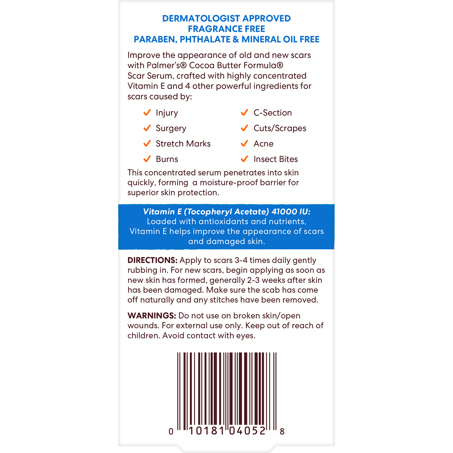Palmer’s® Scar Serum package detailing features and application instructions.