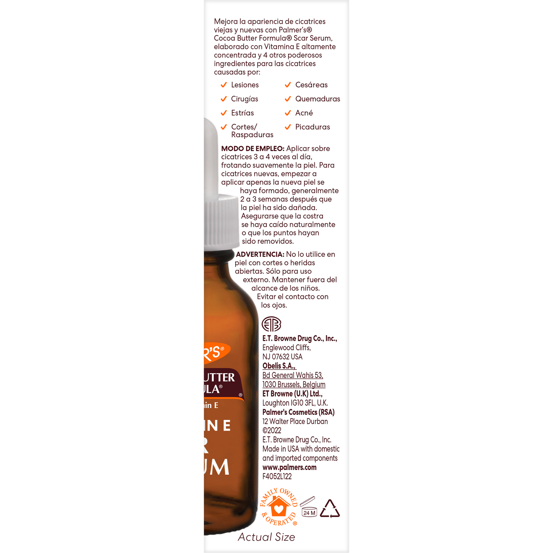 Palmer's Scar Serum box, Spanish panel detailing ingredients and usage.