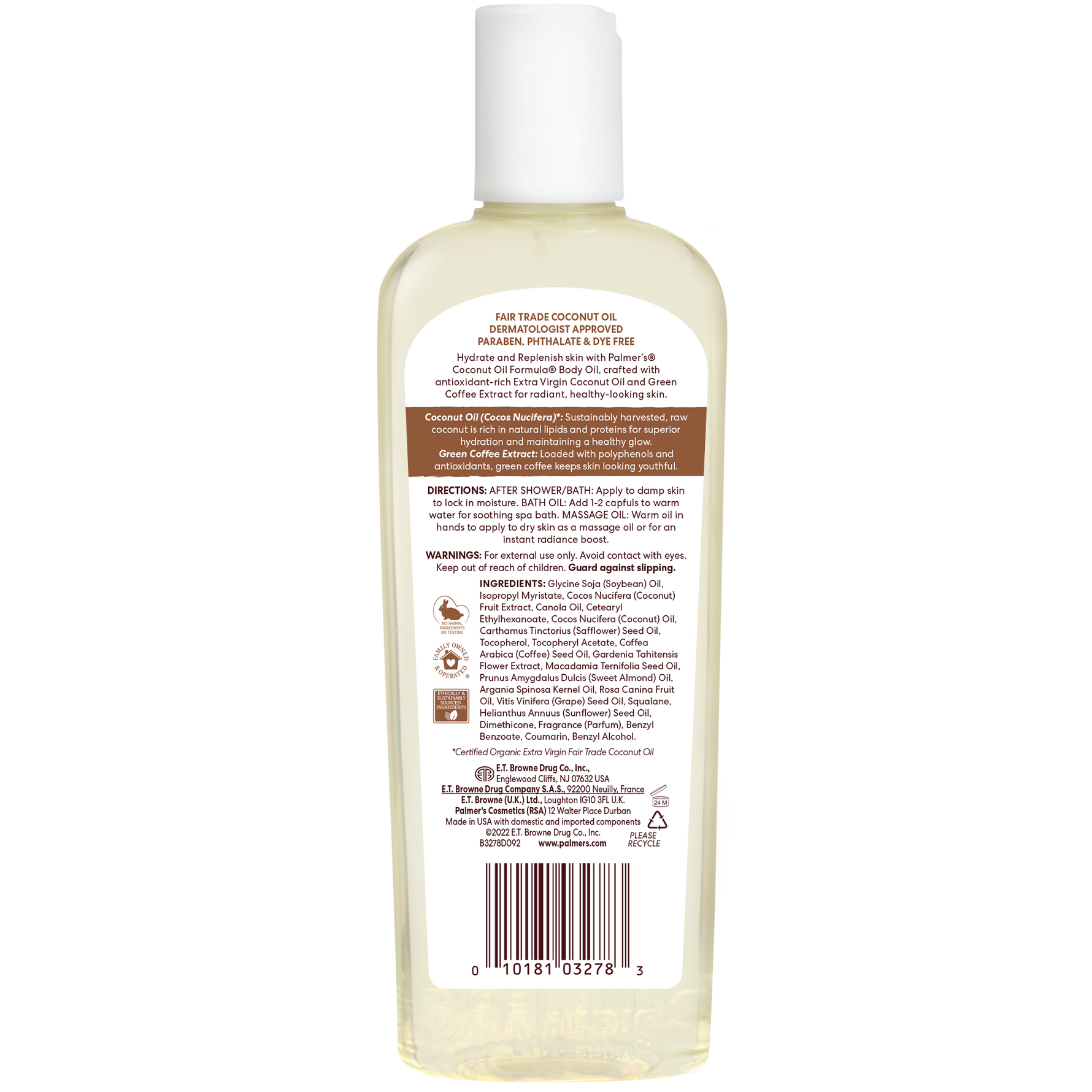 Back of Palmer’s Coconut Hydrate Body Oil bottle with label details.