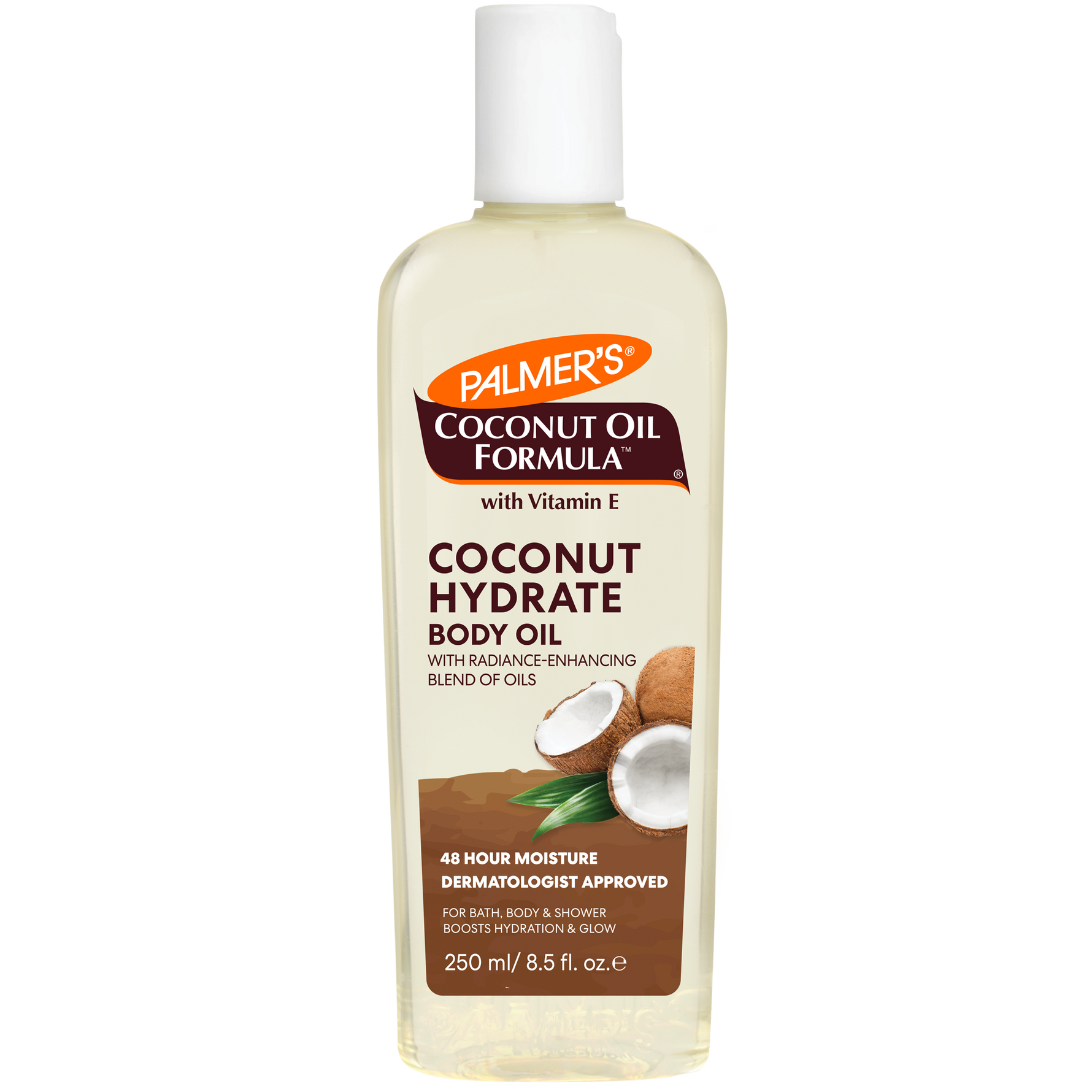 Coconut Hydrate Body Oil bottle with Vitamin E, 250 ml size.